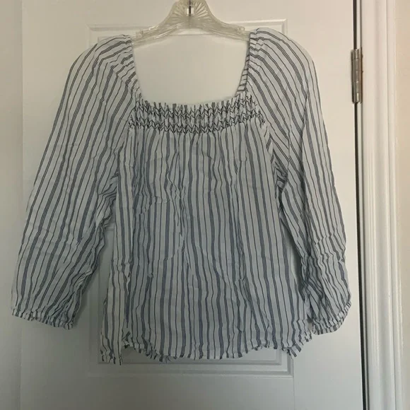 Banana Republic Blue and White Vertical Stripe Blouse with Smocked Neckline Sz S - Picture 1 of 3